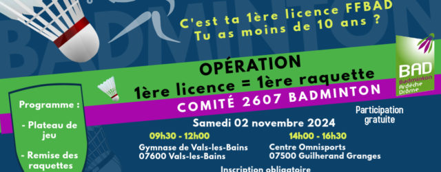 Le comité Drôme-Ardèche de Badminton organise le samedi 02 novembre 2024, une opération pour offrir des raquettes aux jeunes licenciés Drôme-Ardéchois. Cette opération s’adresse aux jeunes joueurs de moins de […]